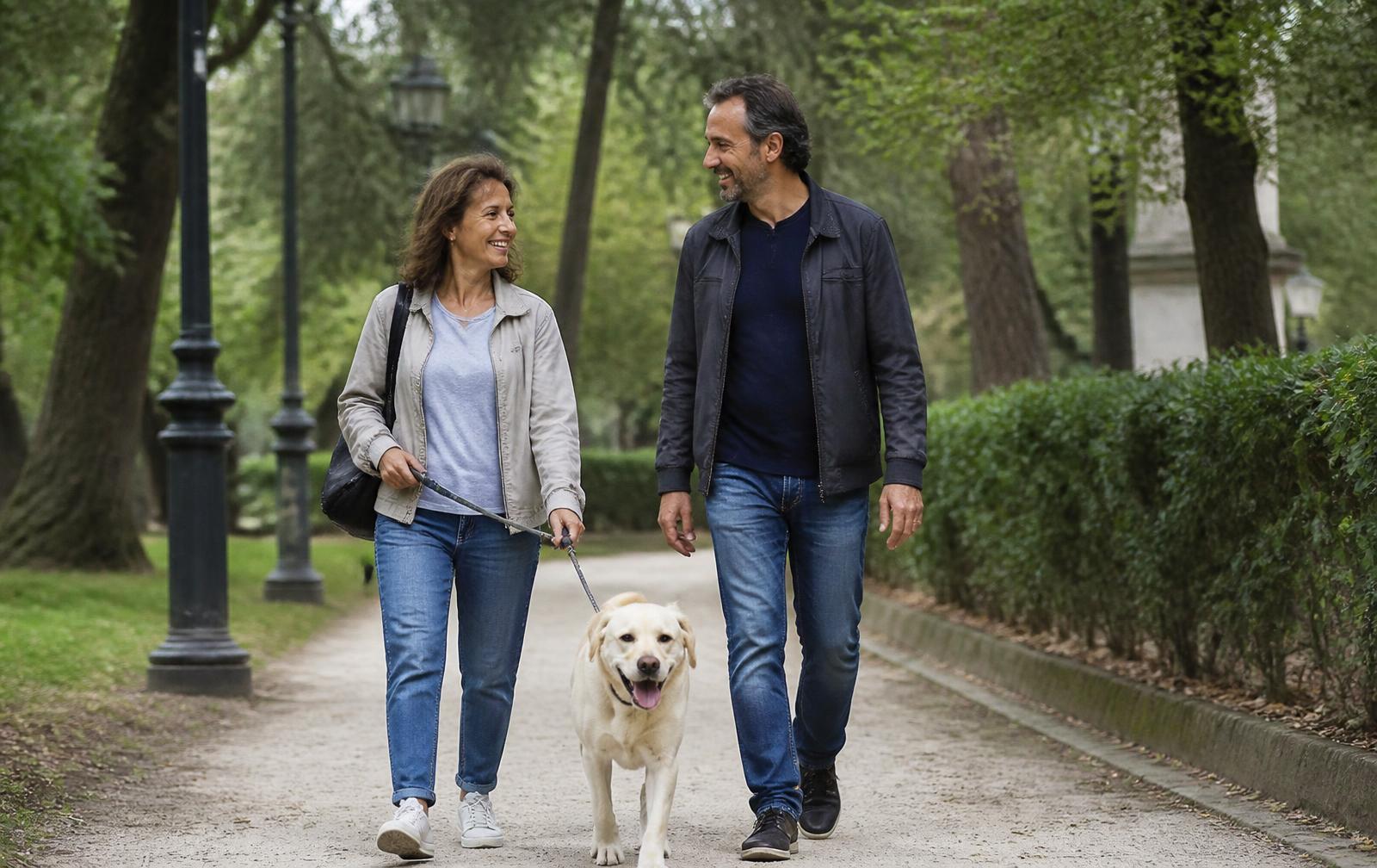 Un gruppo di persone adulte passeggia e conversa in un parco cittadino