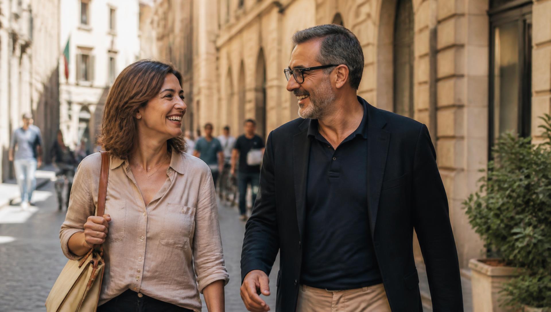 Due persone adulte conversano al tavolino di un caffè in una piazza italiana, con tazze di espresso